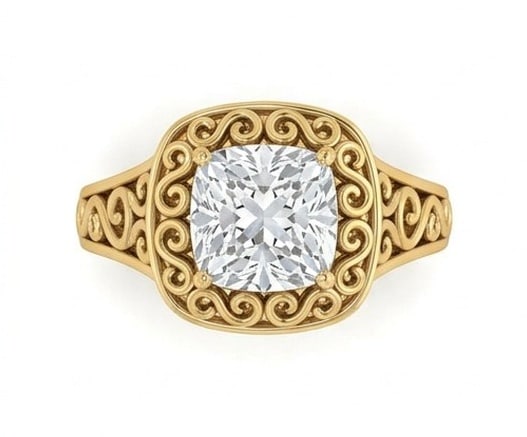 IGI Certified 1.7 ct Cushion Cut Natural Diamond Heritage Scroll Ring in 14K Yellow Gold: This distinguished 1.7 carat natural cushion-cut diamond ring is beautifully crafted in 14K Yellow Gold, offering exceptional brilliance and enduring appeal. This design highlights the beauty of the c