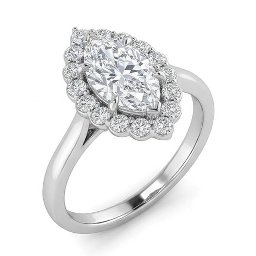 IGI Certified 1.4 ct Marquise Cut Natural Diamond Floral Halo Ring in 14K White Gold: This distinguished 1.4 carat natural marquise-cut diamond ring is beautifully crafted in 14K White Gold, offering exceptional brilliance and enduring appeal. This design is enhanced with matching diam