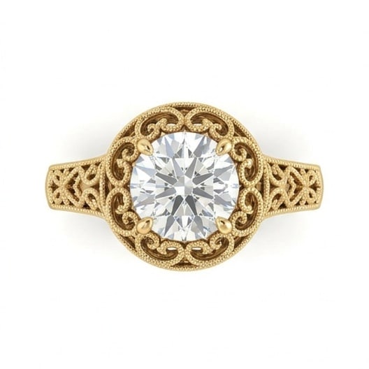 IGI Certified 1.3 ct Round Cut Natural Diamond Vintage Lace Ring in 14K Yellow Gold: A sophisticated 1.3 carat natural round-cut diamond ring, crafted in 14K Yellow Gold to highlight beauty, brilliance, and fine jewelry presence. This design highlights the beauty of the center stone a