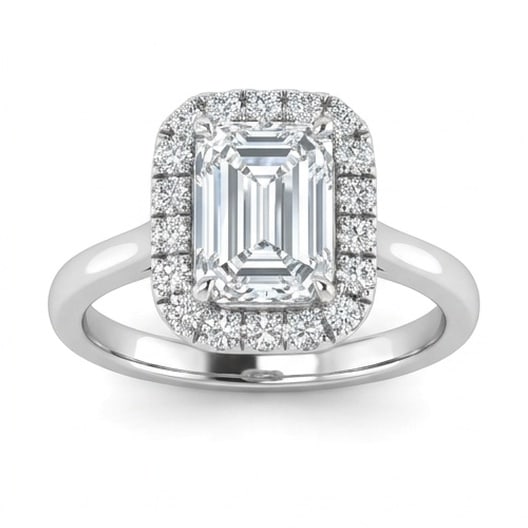 IGI Certified 1.75 ct Emerald Cut Natural Diamond Rosette Halo Ring in 14K White Gold: A sophisticated 1.75 carat natural emerald-cut diamond ring, crafted in 14K White Gold to highlight beauty, brilliance, and fine jewelry presence. This design is enhanced with matching diamond side st