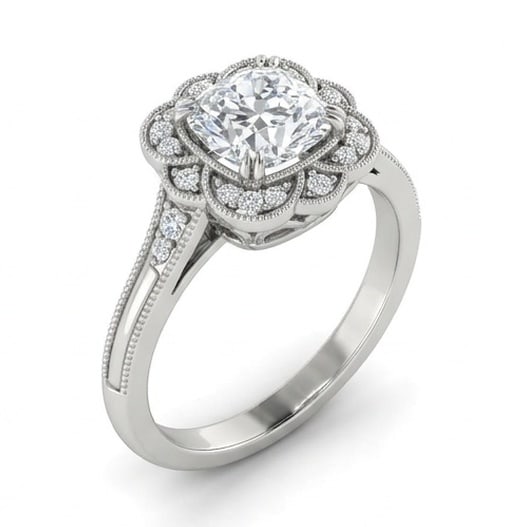GIA Certified 1.95 ct Cushion Cut Natural Diamond Antique Border Ring in 14K White Gold: A sophisticated 1.95 carat natural cushion-cut diamond ring, crafted in 14K White Gold to highlight beauty, brilliance, and fine jewelry presence. This design is enhanced with matching diamond side st