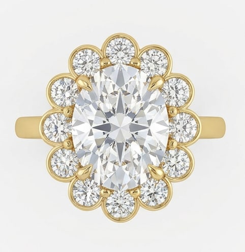 GIA Certified 1.55 ct Oval Cut Natural Diamond Floral Halo Ring in 14K Yellow Gold: An elegant 1.55 carat natural oval-cut diamond ring, finely made in 14K Yellow Gold with a refined profile and auction-worthy presentation. This design is enhanced with matching diamond side stones, a