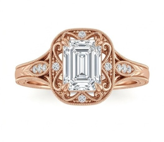 GIA Certified 1.4 ct Emerald Cut Natural Diamond Heritage Vintage Ring in 14K Rose Gold: A remarkable 1.4 carat natural emerald-cut diamond ring, expertly crafted in 14K Rose Gold and created to showcase timeless sophistication. This design is enhanced with matching diamond side stones, a