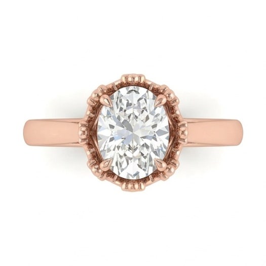 IGI Certified 1.75 ct Oval Cut Natural Diamond Vintage Crown Ring in 14K Rose Gold: This distinguished 1.75 carat natural oval-cut diamond ring is beautifully crafted in 14K Rose Gold, offering exceptional brilliance and enduring appeal. This design highlights the beauty of the cente