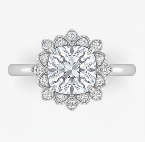 GIA Certified 1.5 ct Cushion Cut Natural Diamond Floral Halo Ring in 14K White Gold: An elegant 1.5 carat natural cushion-cut diamond ring, finely made in 14K White Gold with a refined profile and auction-worthy presentation. This design is enhanced with matching diamond side stones, 