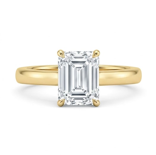 GIA Certified 1.9 ct Emerald Cut Natural Diamond Open Shoulder Solitaire Ring in 14K Yellow Gold: A remarkable 1.9 carat natural emerald-cut diamond ring, expertly crafted in 14K Yellow Gold and created to showcase timeless sophistication. This design highlights the beauty of the center stone alon