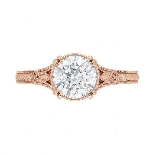GIA Certified 1.45 ct Round Cut Natural Diamond Antique Gallery Ring in 14K Rose Gold: This distinguished 1.45 carat natural round-cut diamond ring is beautifully crafted in 14K Rose Gold, offering exceptional brilliance and enduring appeal. This design highlights the beauty of the cent