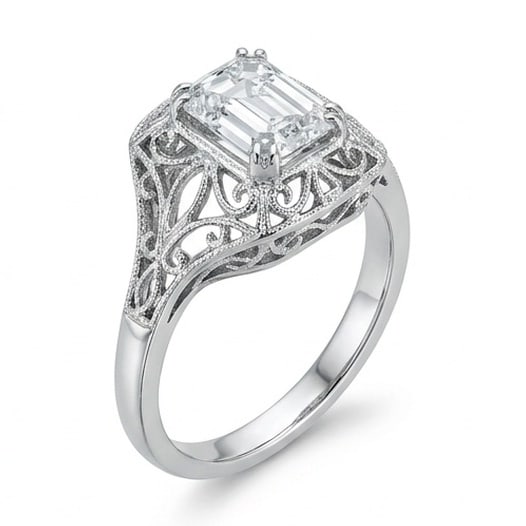 IGI Certified 1.35 ct Emerald Cut Natural Diamond Vintage Lace Ring in 14K White Gold: An elegant 1.35 carat natural emerald-cut diamond ring, finely made in 14K White Gold with a refined profile and auction-worthy presentation. This design highlights the beauty of the center stone alon