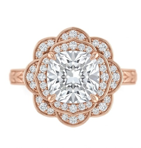 GIA Certified 1.85 ct Cushion Cut Natural Diamond Floral Halo Ring in 14K Rose Gold: This distinguished 1.85 carat natural cushion-cut diamond ring is beautifully crafted in 14K Rose Gold, offering exceptional brilliance and enduring appeal. This design highlights the beauty of the ce