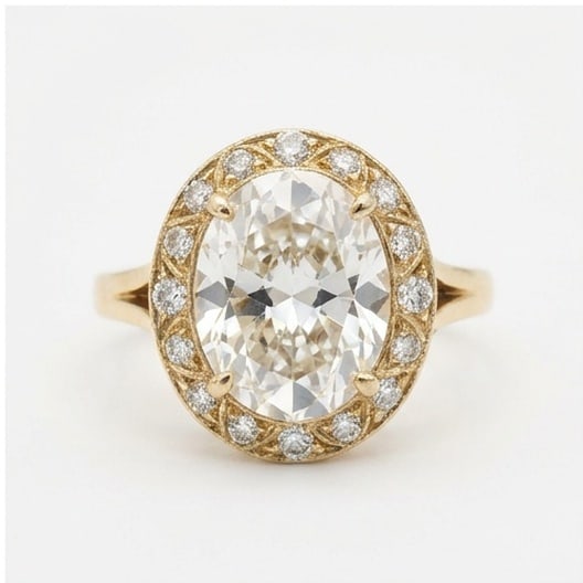 GIA Certified 1.95 ct Oval Cut Natural Diamond Heritage Vintage Ring in 14K Yellow Gold: This distinguished 1.95 carat natural oval-cut diamond ring is beautifully crafted in 14K Yellow Gold, offering exceptional brilliance and enduring appeal. This design is enhanced with matching diamon