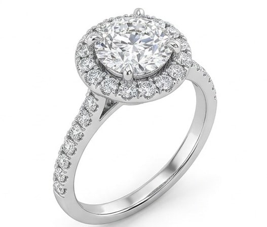 IGI Certified 1.4 ct Round Cut Natural Diamond Rosette Halo Ring in 14K White Gold: This distinguished 1.4 carat natural round-cut diamond ring is beautifully crafted in 14K White Gold, offering exceptional brilliance and enduring appeal. This design highlights the beauty of the cent