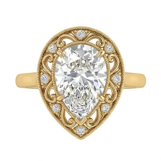 IGI Certified 1.5 ct Pear Cut Natural Diamond Antique Border Ring in 14K Yellow Gold: An elegant 1.5 carat natural pear-cut diamond ring, finely made in 14K Yellow Gold with a refined profile and auction-worthy presentation. This design is enhanced with matching diamond side stones, ad