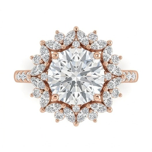 GIA Certified 1.4 ct Round Cut Natural Diamond Floral Halo Ring in 14K Rose Gold: An exceptional 1.4 carat natural round-cut diamond ring, masterfully crafted in luxurious 14K Rose Gold and designed to embody refined elegance and lasting beauty. This design is enhanced with matchin