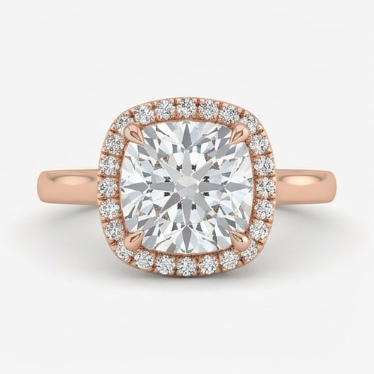 IGI Certified 1.9 ct Cushion Cut Natural Diamond Crown Halo Ring in 14K Rose Gold: A sophisticated 1.9 carat natural cushion-cut diamond ring, crafted in 14K Rose Gold to highlight beauty, brilliance, and fine jewelry presence. This design is enhanced with matching diamond side ston