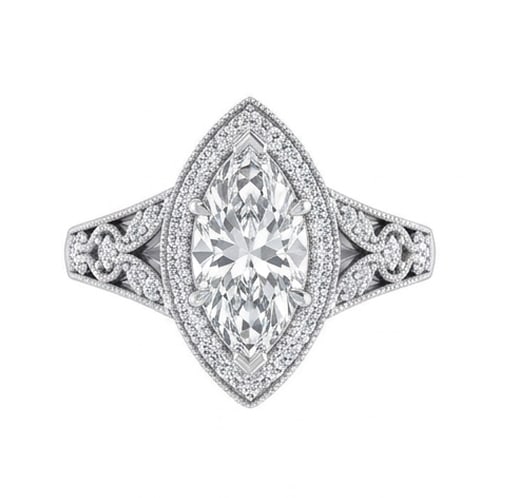 IGI Certified 1.7 ct Marquise Cut Natural Diamond Vintage Lace Ring in 14K White Gold: This distinguished 1.7 carat natural marquise-cut diamond ring is beautifully crafted in 14K White Gold, offering exceptional brilliance and enduring appeal. This design is enhanced with matching diam