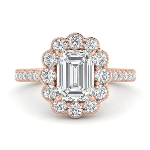 IGI Certified 1.5 ct Emerald Cut Natural Diamond Rosette Halo Ring in 14K Rose Gold: An exceptional 1.5 carat natural emerald-cut diamond ring, masterfully crafted in luxurious 14K Rose Gold and designed to embody refined elegance and lasting beauty. This design is enhanced with match