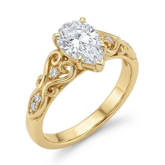 GIA Certified 1.45 ct Pear Cut Natural Diamond Heritage Scroll Ring in 14K Yellow Gold: An elegant 1.45 carat natural pear-cut diamond ring, finely made in 14K Yellow Gold with a refined profile and auction-worthy presentation. This design is enhanced with matching diamond side stones, a