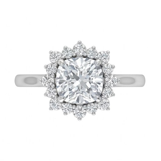 IGI Certified 1.8 ct Cushion Cut Natural Diamond Floral Halo Ring in 14K White Gold: This distinguished 1.8 carat natural cushion-cut diamond ring is beautifully crafted in 14K White Gold, offering exceptional brilliance and enduring appeal. This design is enhanced with matching diamo