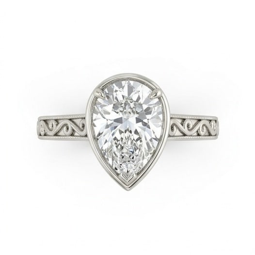 IGI Certified 1.75 ct Pear Cut Natural Diamond Antique Border Ring in 14K White Gold: This distinguished 1.75 carat natural pear-cut diamond ring is beautifully crafted in 14K White Gold, offering exceptional brilliance and enduring appeal. This design highlights the beauty of the cent