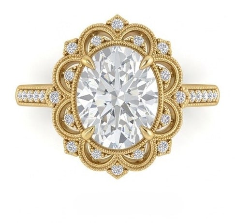 IGI Certified 1.4 ct Oval Cut Natural Diamond Crown Frame Halo Ring in 14K Yellow Gold: A sophisticated 1.4 carat natural oval-cut diamond ring, crafted in 14K Yellow Gold to highlight beauty, brilliance, and fine jewelry presence. This design is enhanced with matching diamond side stone