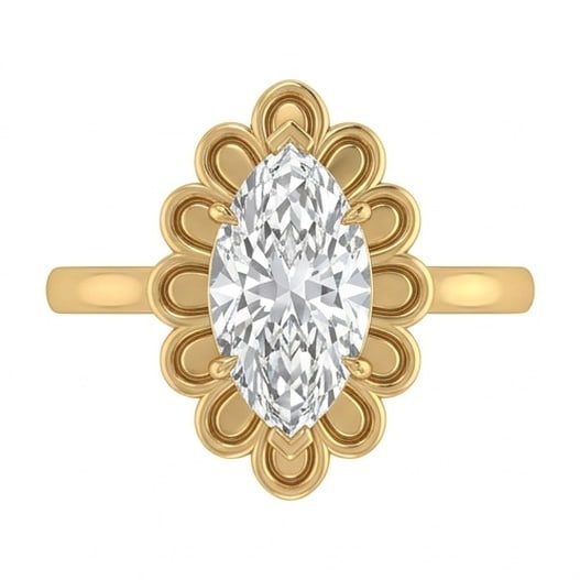 IGI Certified 1.5 ct Marquise Cut Natural Diamond Floral Scalloped Halo Ring in 14K Yellow Gold: This distinguished 1.5 carat natural marquise-cut diamond ring is beautifully crafted in 14K Yellow Gold, offering exceptional brilliance and enduring appeal. This design highlights the beauty of the 