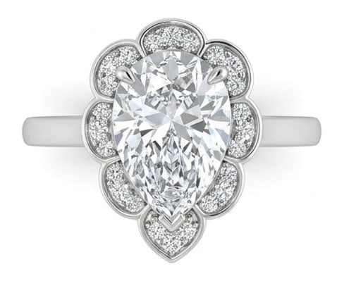 GIA Certified 1.9 ct Pear Cut Natural Diamond Petal Halo Ring in 14K White Gold: This distinguished 1.9 carat natural pear-cut diamond ring is beautifully crafted in 14K White Gold, offering exceptional brilliance and enduring appeal. This design is enhanced with matching diamond 