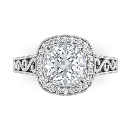 IGI Certified 1.7 ct Cushion Cut Natural Diamond Heritage Scroll Ring in 14K White Gold: A remarkable 1.7 carat natural cushion-cut diamond ring, expertly crafted in 14K White Gold and created to showcase timeless sophistication. This design is enhanced with matching diamond side stones, 