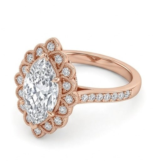 IGI Certified 1.4 ct Marquise Cut Natural Diamond Floral Halo Ring in 14K Rose Gold: An elegant 1.4 carat natural marquise-cut diamond ring, finely made in 14K Rose Gold with a refined profile and auction-worthy presentation. This design is enhanced with matching diamond side stones, 