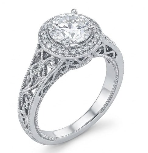 GIA Certified 1.55 ct Round Cut Natural Diamond Antique Lace Ring in 14K White Gold: An exceptional 1.55 carat natural round-cut diamond ring, masterfully crafted in luxurious 14K White Gold and designed to embody refined elegance and lasting beauty. This design is enhanced with match