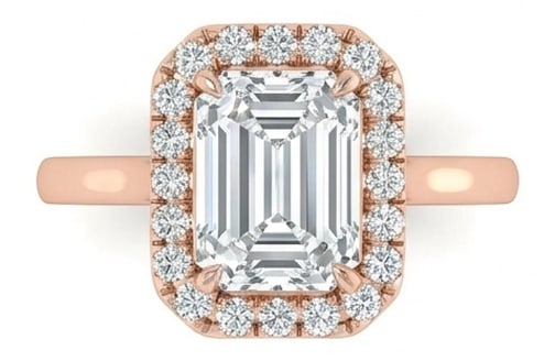 GIA Certified 1.75 ct Emerald Cut Natural Diamond Crown Halo Ring in 14K Rose Gold: A remarkable 1.75 carat natural emerald-cut diamond ring, expertly crafted in 14K Rose Gold and created to showcase timeless sophistication. This design is enhanced with matching diamond side stones, 