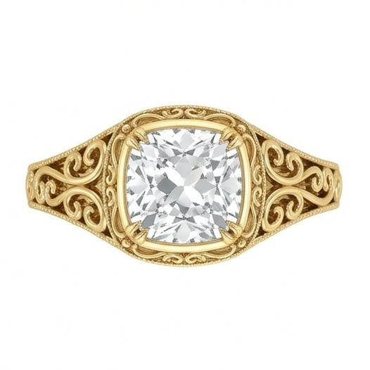 IGI Certified 1.9 ct Cushion Cut Natural Diamond Heritage Vintage Ring in 14K Yellow Gold: A remarkable 1.9 carat natural cushion-cut diamond ring, expertly crafted in 14K Yellow Gold and created to showcase timeless sophistication. This design highlights the beauty of the center stone alon
