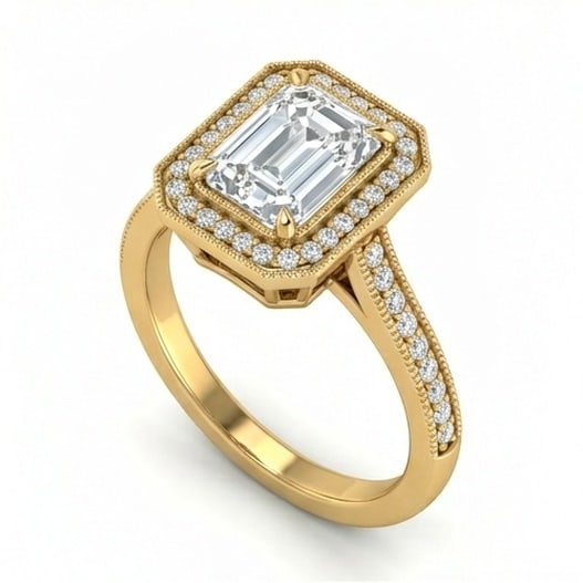 GIA Certified 1.4 ct Emerald Cut Natural Diamond Antique Border Ring in 14K Yellow Gold: A sophisticated 1.4 carat natural emerald-cut diamond ring, crafted in 14K Yellow Gold to highlight beauty, brilliance, and fine jewelry presence. This design is enhanced with matching diamond side st