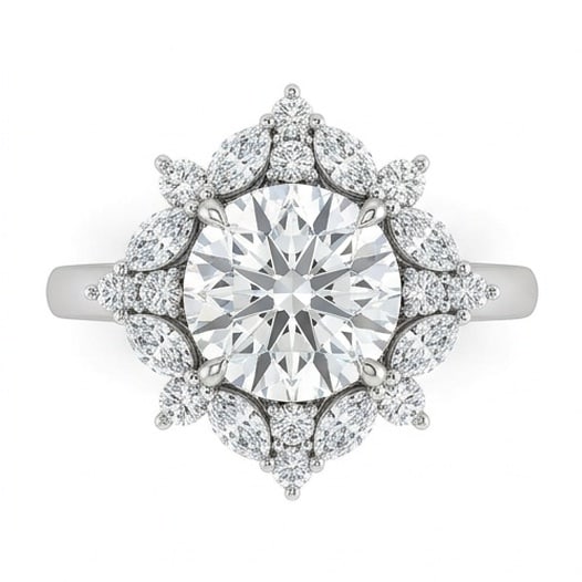 GIA Certified 1.95 ct Round Cut Natural Diamond Floral Halo Ring in 14K White Gold: An exceptional 1.95 carat natural round-cut diamond ring, masterfully crafted in luxurious 14K White Gold and designed to embody refined elegance and lasting beauty. This design is enhanced with match