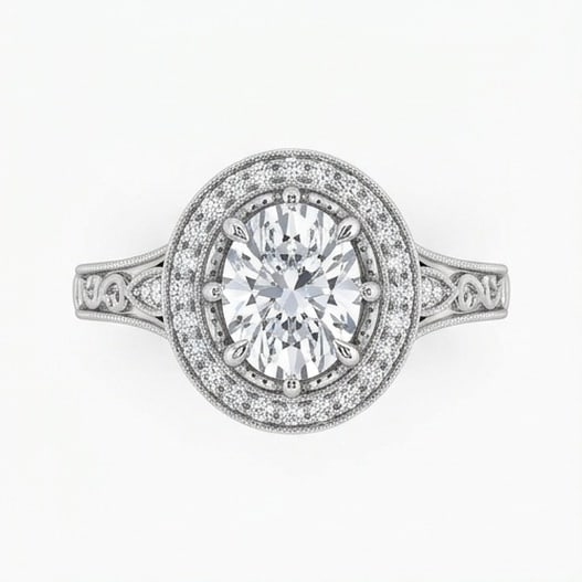 IGI Certified 1.75 ct Oval Cut Natural Diamond Vintage Crown Ring in 14K White Gold: An elegant 1.75 carat natural oval-cut diamond ring, finely made in 14K White Gold with a refined profile and auction-worthy presentation. This design is enhanced with matching diamond side stones, ad