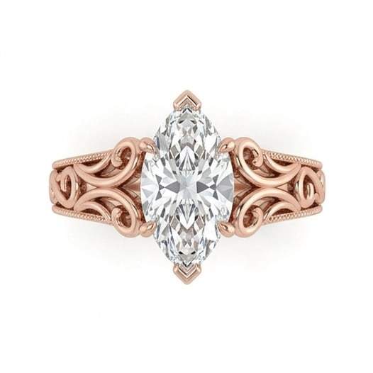 IGI Certified 1.55 ct Marquise Cut Natural Diamond Heritage Scroll Ring in 14K Rose Gold: A remarkable 1.55 carat natural marquise-cut diamond ring, expertly crafted in 14K Rose Gold and created to showcase timeless sophistication. This design highlights the beauty of the center stone alon