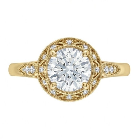 GIA Certified 1.35 ct Round Cut Natural Diamond Antique Gallery Ring in 14K Yellow Gold: This distinguished 1.35 carat natural round-cut diamond ring is beautifully crafted in 14K Yellow Gold, offering exceptional brilliance and enduring appeal. This design is enhanced with matching diamo