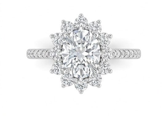 GIA Certified 1.9 ct Oval Cut Natural Diamond Floral Halo Ring in 14K White Gold: A remarkable 1.9 carat natural oval-cut diamond ring, expertly crafted in 14K White Gold and created to showcase timeless sophistication. This design is enhanced with matching diamond side stones, add