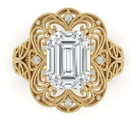 GIA Certified 1.5 ct Emerald Cut Natural Diamond Vintage Lace Ring in 14K Yellow Gold: A remarkable 1.5 carat natural emerald-cut diamond ring, expertly crafted in 14K Yellow Gold and created to showcase timeless sophistication. This design is enhanced with matching diamond side stones,
