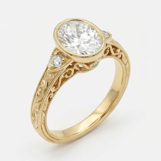IGI Certified 1.95 ct Oval Cut Natural Diamond Heritage Vintage Ring in 14K Yellow Gold: An exceptional 1.95 carat natural oval-cut diamond ring, masterfully crafted in luxurious 14K Yellow Gold and designed to embody refined elegance and lasting beauty. This design is enhanced with match