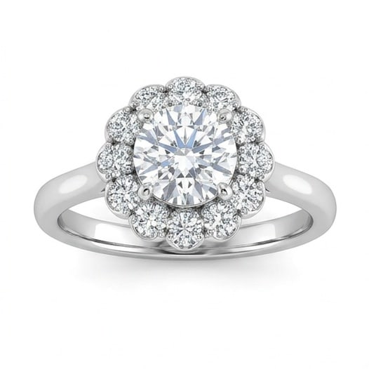 IGI Certified 1.6 ct Round Cut Natural Diamond Rosette Halo Ring in 14K White Gold: An elegant 1.6 carat natural round-cut diamond ring, finely made in 14K White Gold with a refined profile and auction-worthy presentation. This design is enhanced with matching diamond side stones, ad