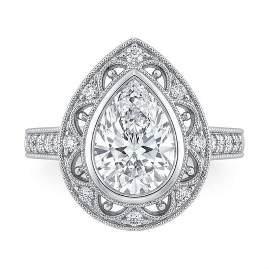 GIA Certified 1.45 ct Pear Cut Natural Diamond Antique Border Ring in 14K White Gold: This distinguished 1.45 carat natural pear-cut diamond ring is beautifully crafted in 14K White Gold, offering exceptional brilliance and enduring appeal. This design is enhanced with matching diamond