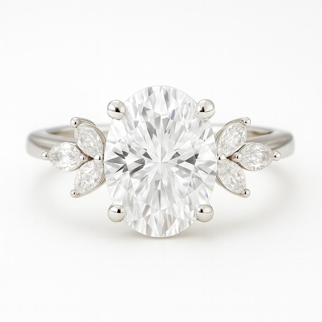 5 CT Lab Grown Oval Cut Diamond Ring with Marquise Side Stones in 14K White Gold: Stunning 5 carat lab grown oval cut diamond centerpiece, accented with lab grown marquise side stones arranged in a floral-inspired design. Crafted in 14K white gold with a polished finish, this ring 