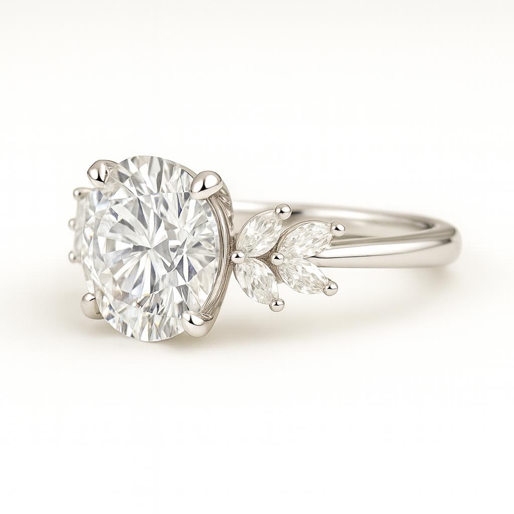 4.50 CT Lab Grown Round Brilliant Diamond Ring with Marquise Side Stones in 14K White Gold: Elegant 4.50 carat lab grown round brilliant cut diamond centerpiece, accented by lab grown marquise side stones for a floral-inspired design. Crafted in 14K white gold with a polished finish, this ri