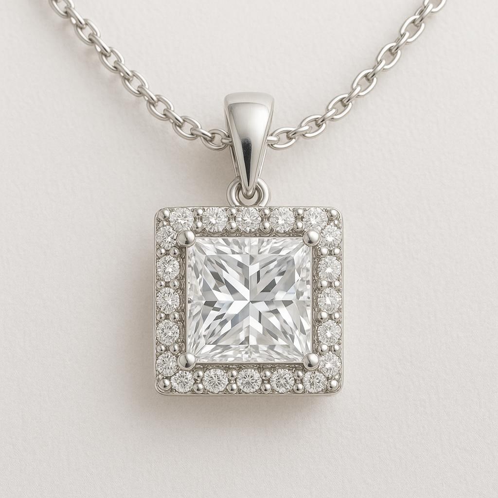 3.50 CT Lab Grown Princess Cut Diamond Halo Pendant in 14K White Gold: Stunning 3.50 carat lab grown princess cut diamond centerpiece, framed by a halo of sparkling lab grown round diamonds. Expertly set in 14K white gold with a high-polish finish, this pendant is suspen