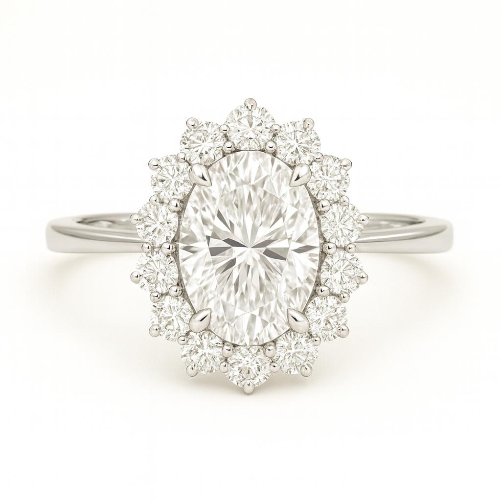 3.50 CT Lab Grown Oval Cut Diamond Floral Halo Ring in 14K White Gold: Exquisite 3.50 carat lab grown oval cut diamond centerpiece, encircled by a floral-inspired halo of round brilliant lab grown diamonds. Expertly crafted in 14K white gold with a polished finish, this 
