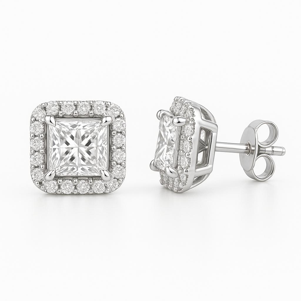 3 CT Lab Grown Princess Cut Diamond Halo Stud Earrings in 14K White Gold: Chic 3 carat lab grown princess cut diamond studs, framed by a halo of sparkling lab grown round diamonds. Expertly crafted in 14K white gold with secure prong settings, these earrings bring brillianc