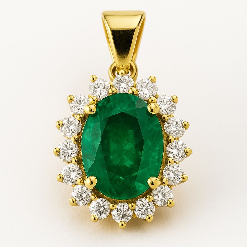 5.00 CT Lab Grown Emerald Pendant with Diamond Halo in 14K Yellow Gold: Elegant 5.00 carat lab grown oval cut emerald centerpiece, encircled by a sparkling halo of round brilliant lab grown diamonds. Expertly crafted in 14K yellow gold, this pendant offers a luxurious and