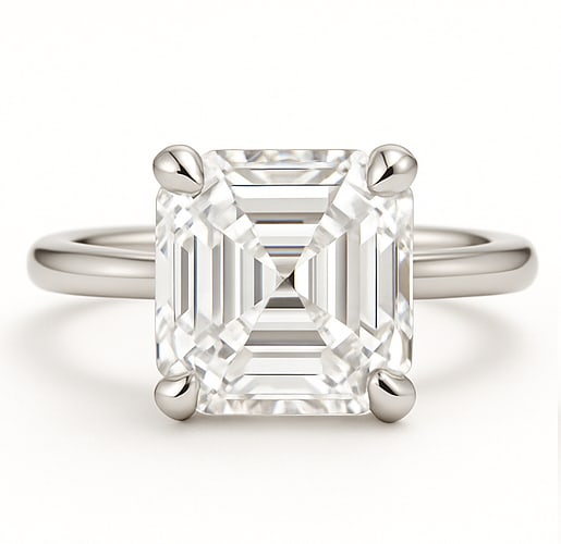 6.50 CT Lab Grown Asscher Cut Diamond Solitaire Ring in 14K White Gold: Striking 6.50 carat lab grown asscher cut diamond solitaire, prong set on a polished 14K white gold band. A bold yet timeless design that emphasizes clean step-cut facets and enduring elegance.Color G