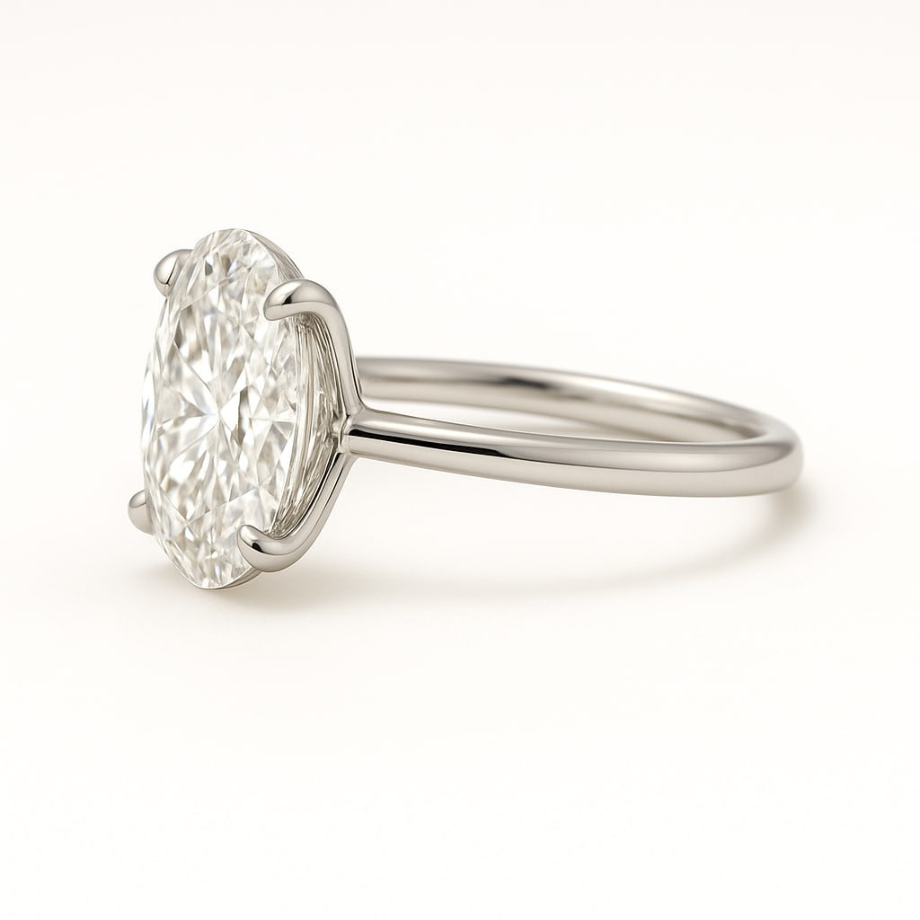 7.50 CT Lab Grown Oval Cut Diamond Solitaire Ring in 14K White Gold: Magnificent 7.50 carat lab grown oval cut diamond, prong set on a polished 14K white gold band. A bold solitaire engagement ring with graceful curves and timeless brilliance.Color Grade: D–FClarity: