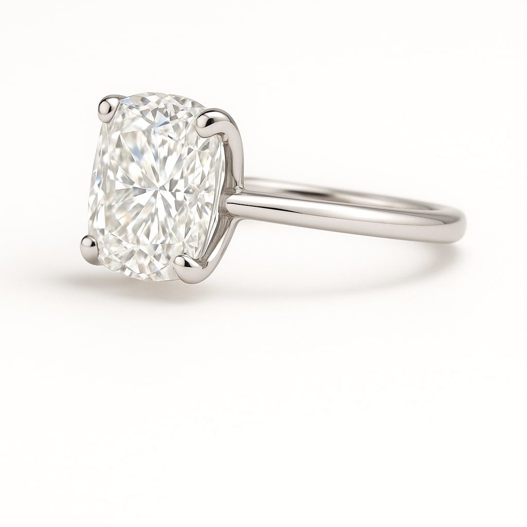 5.50 CT Lab Grown Cushion Cut Diamond Solitaire Ring in 14K White Gold: Elegant 5.50 carat lab grown cushion cut diamond solitaire, prong set on a sleek polished 14K white gold band. A timeless and sophisticated engagement ring style that lets the diamond shine at its bes